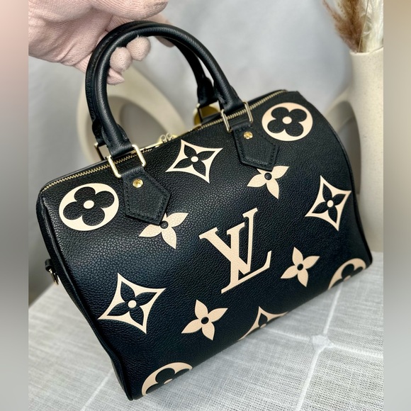 NEW Louis Vuitton Black & Beige Monogram Empreinte Leather Speedy Bandoulière 25 - Picture 9 of 17